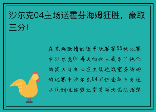 沙尔克04主场送霍芬海姆狂胜，豪取三分！