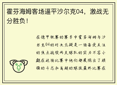 霍芬海姆客场逼平沙尔克04，激战无分胜负！